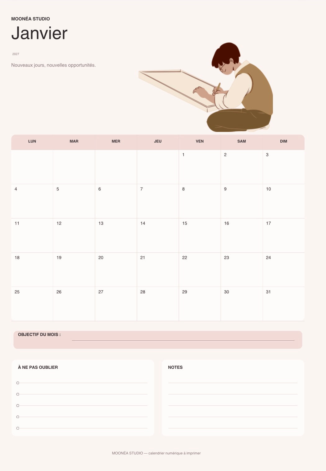 Calendrier 2027 à imprimer – MOONÉA Studio