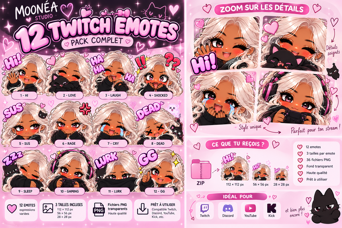 Pack 12 Emotes Twitch Kawaii – Chibi Girl 💗