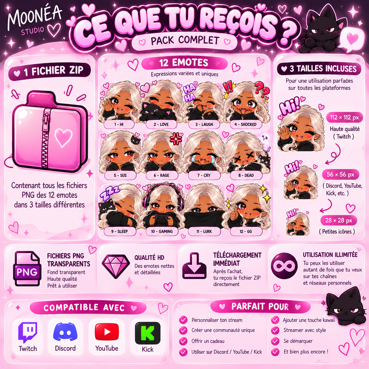 Pack 12 Emotes Twitch Kawaii – Chibi Girl 💗